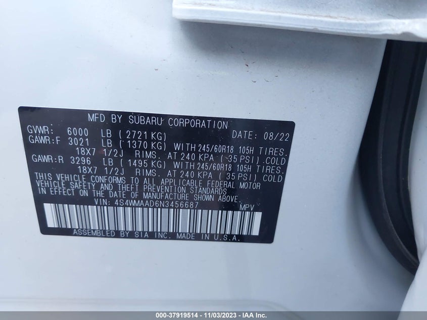 VIN 4S4WMAAD6N3456687 2022 SUBARU ASCENT
