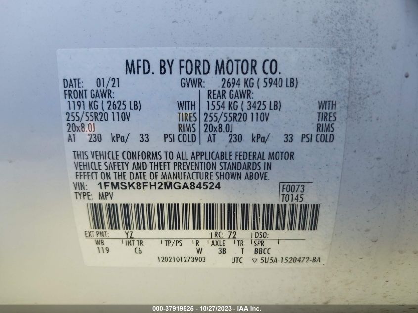 2021 FORD EXPLORER LIMITED - 1FMSK8FH2MGA84524