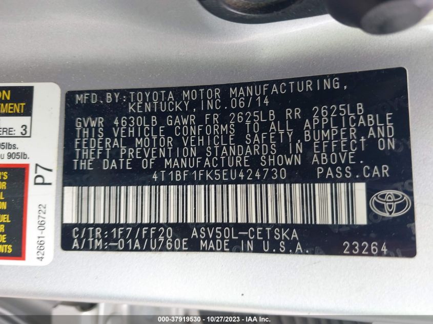 2014 TOYOTA CAMRY L/LE/XLE/SE/SE SPORT - 4T1BF1FK5EU424730
