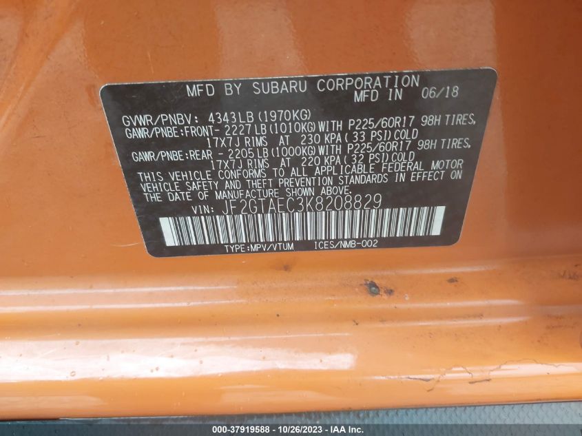 2019 SUBARU CROSSTREK PREMIUM - JF2GTAEC3K8208829