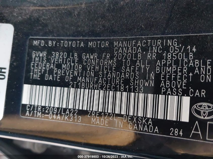 2014 TOYOTA COROLLA L/LE/LE PLS/PRM/S/S PLS - 2T1BURHE2EC181133