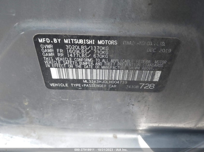 VIN ML32A3HJ0LH004739 2020 MITSUBISHI MIRAGE ES