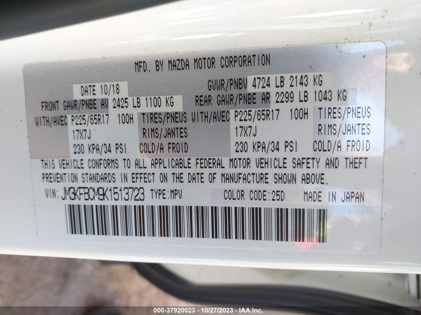 VIN JM3KFBCM9K1513723 2019 MAZDA CX-5 TOURING
