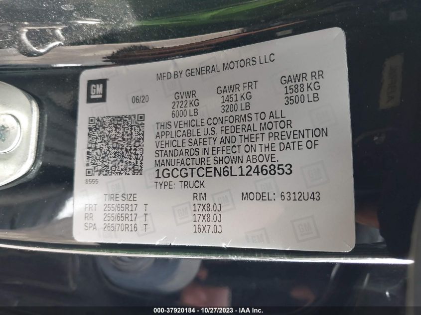 2020 CHEVROLET COLORADO 4WD LT - 1GCGTCEN6L1246853