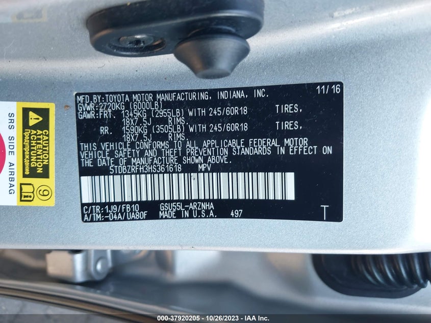 VIN 5TDBZRFH3HS361618 2017 TOYOTA HIGHLANDER LE