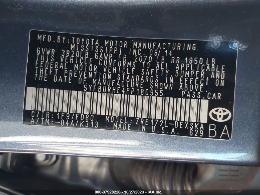 2015 TOYOTA COROLLA L/LE/S/S PLUS/LE PLUS - 5YFBURHE4FP180955