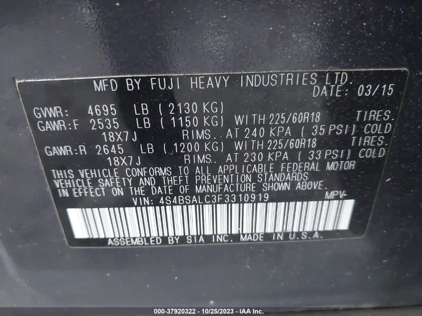 2015 SUBARU OUTBACK 2.5I LIMITED - 4S4BSALC3F3310919