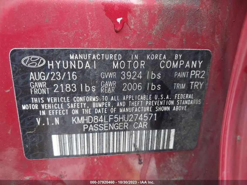 2017 HYUNDAI ELANTRA SE/VALUE/LIMITED - KMHD84LF5HU274571