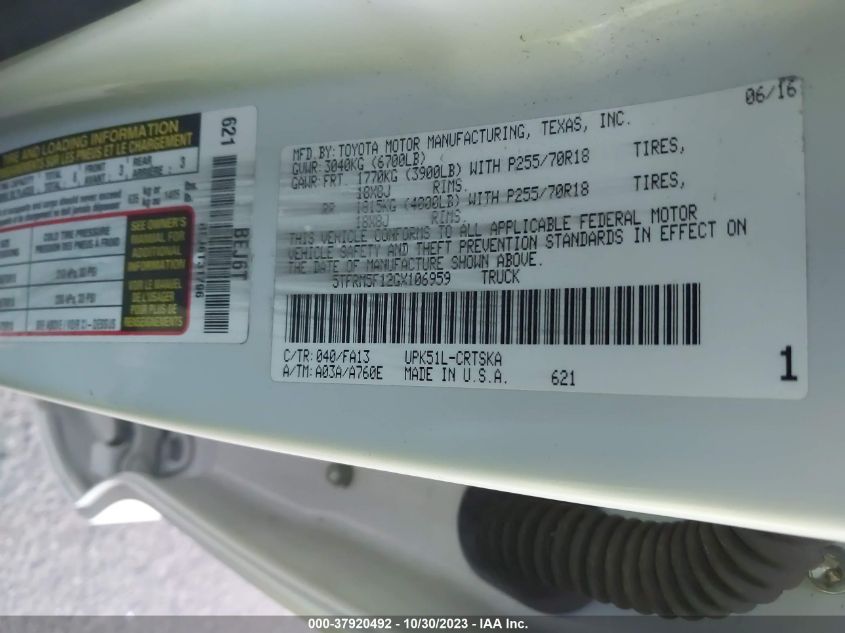 2016 TOYOTA TUNDRA 2WD TRUCK SR/SR5 5TFRM5F12GX106959