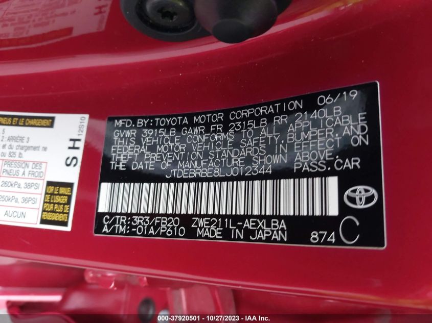 2020 TOYOTA COROLLA HYBRID LE - JTDEBRBE8LJ012344