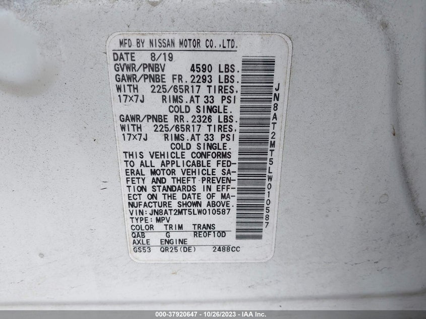 VIN JN8AT2MT5LW010587 2020 NISSAN ROGUE S/SV
