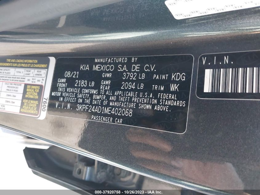 2021 KIA FORTE FE/LXS - 3KPF24AD1ME402068