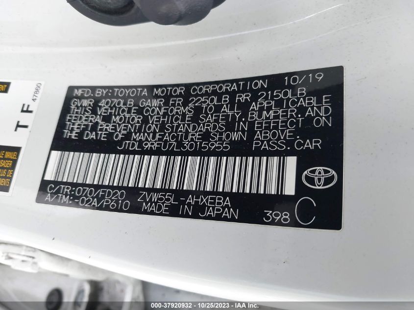 JTDL9RFU7L3015955 Toyota Prius LE/XLE 9