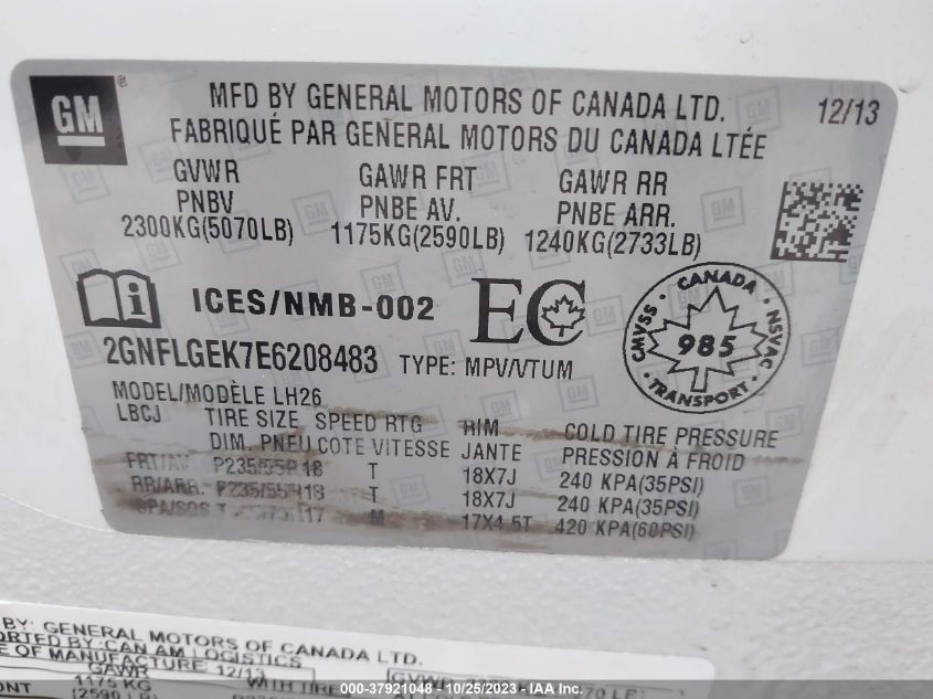 2014 CHEVROLET EQUINOX LT - 2GNFLGEK7E6208483