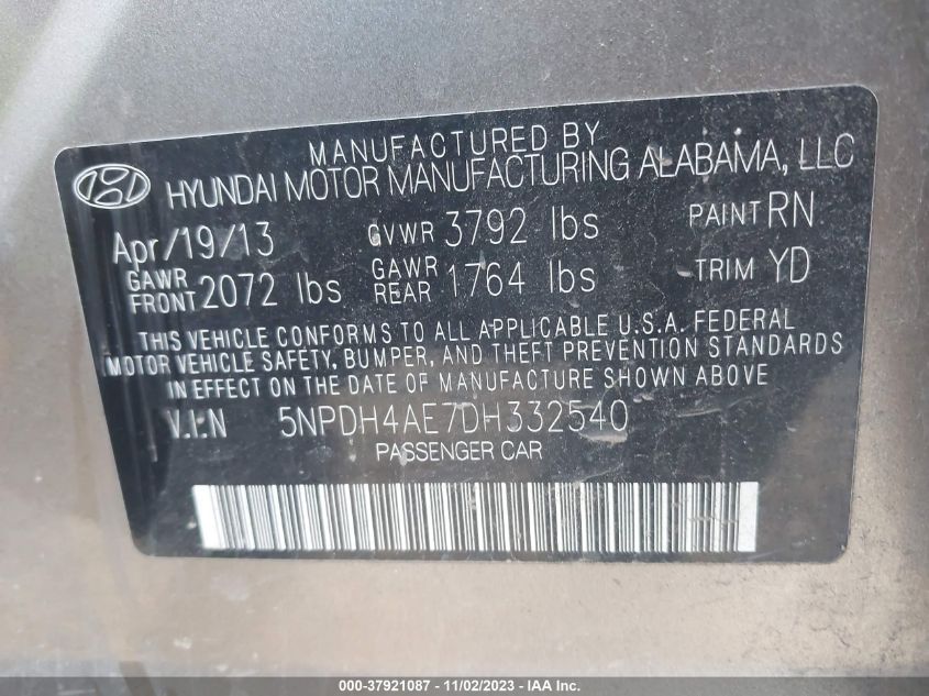 2013 HYUNDAI ELANTRA GLS PZEV - 5NPDH4AE7DH332540