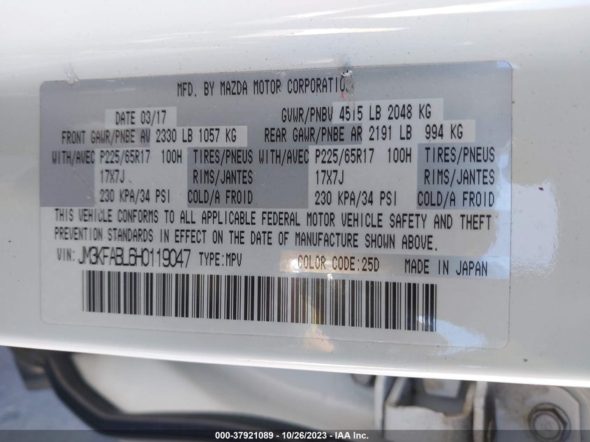 VIN JM3KFABL6H0119047 2017 MAZDA CX-5 SPORT