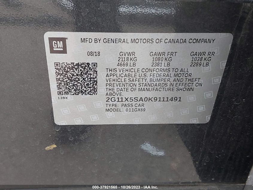 VIN 2G11X5SA0K9111491 2019 CHEVROLET IMPALA LS