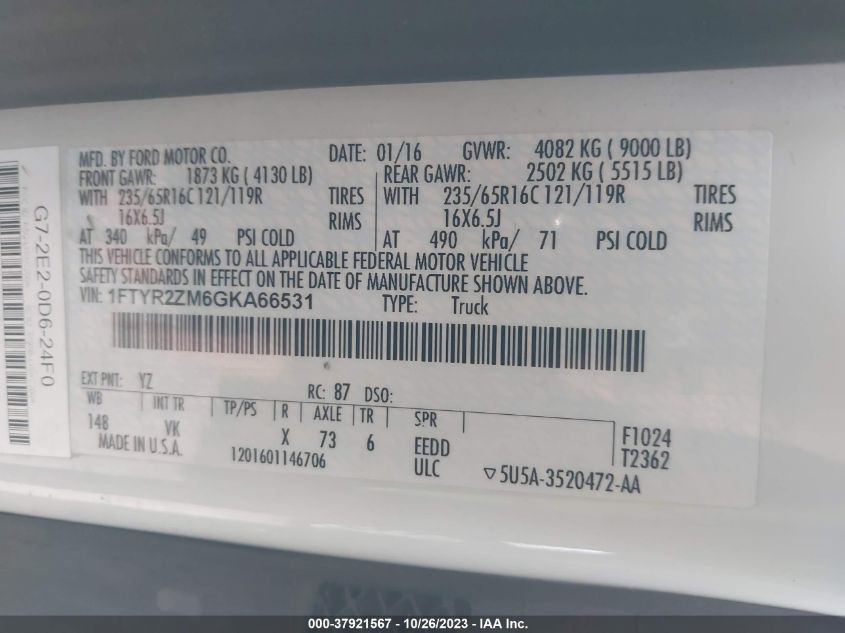 2016 FORD TRANSIT CARGO VAN 1FTYR2ZM6GKA66531