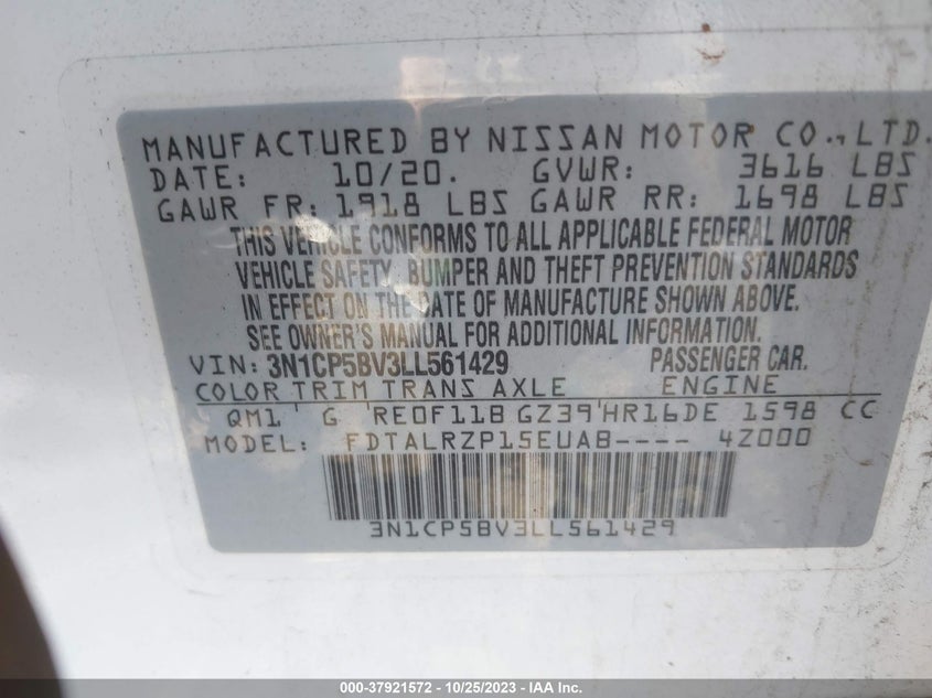 VIN 3N1CP5BV3LL561429 2020 NISSAN KICKS S