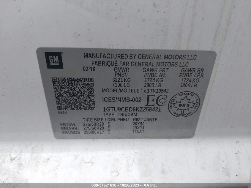 2019 GMC SIERRA 1500 ELEVATION - 1GTU9CED6KZ258431