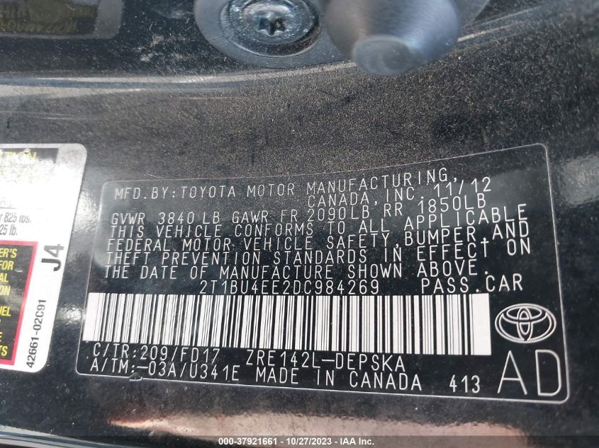 2013 TOYOTA COROLLA L/LE/S - 2T1BU4EE2DC984269