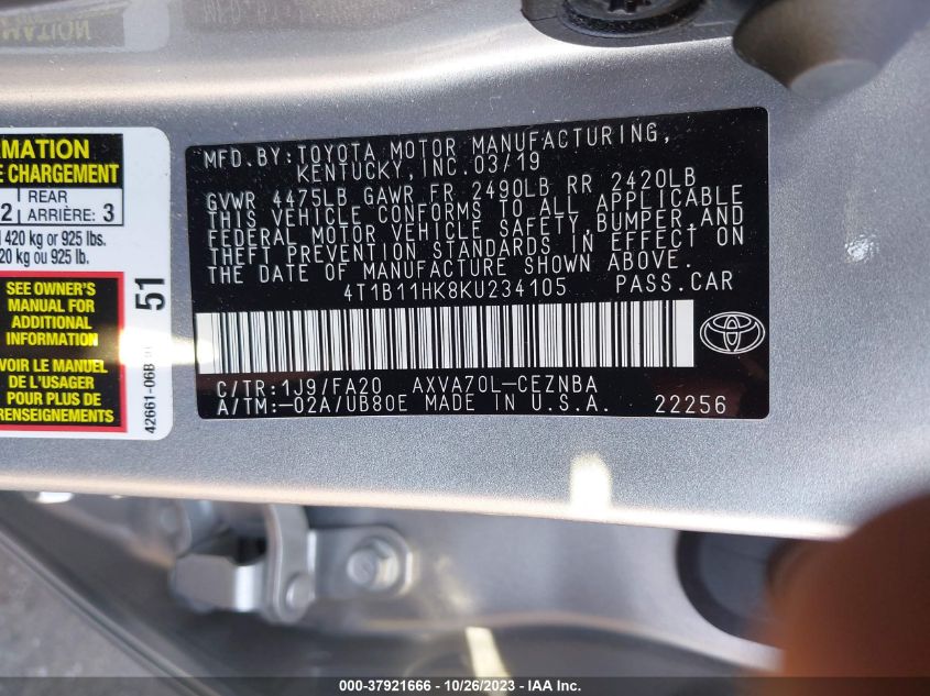 2019 TOYOTA CAMRY LE/SE/XLE/L - 4T1B11HK8KU234105