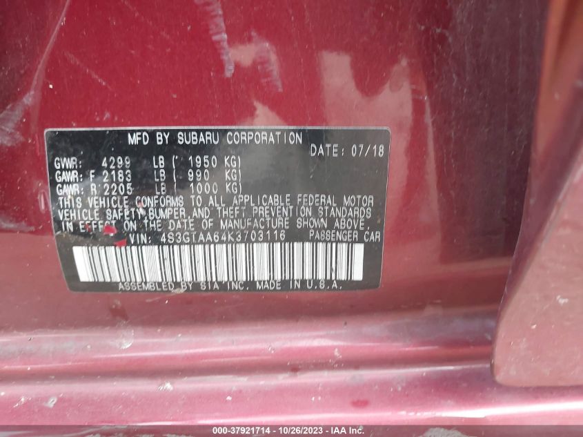 2019 SUBARU IMPREZA - 4S3GTAA64K3703116