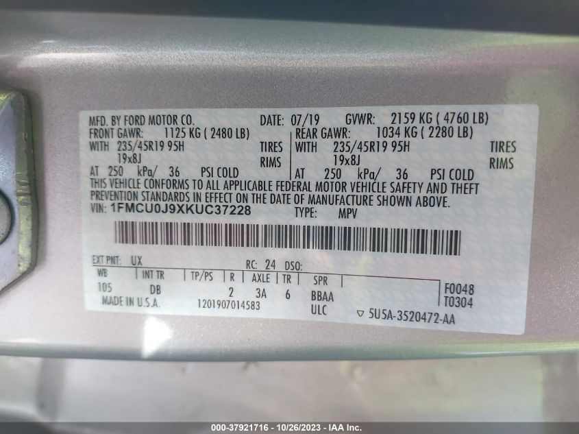 2019 FORD ESCAPE TITANIUM - 1FMCU0J9XKUC37228