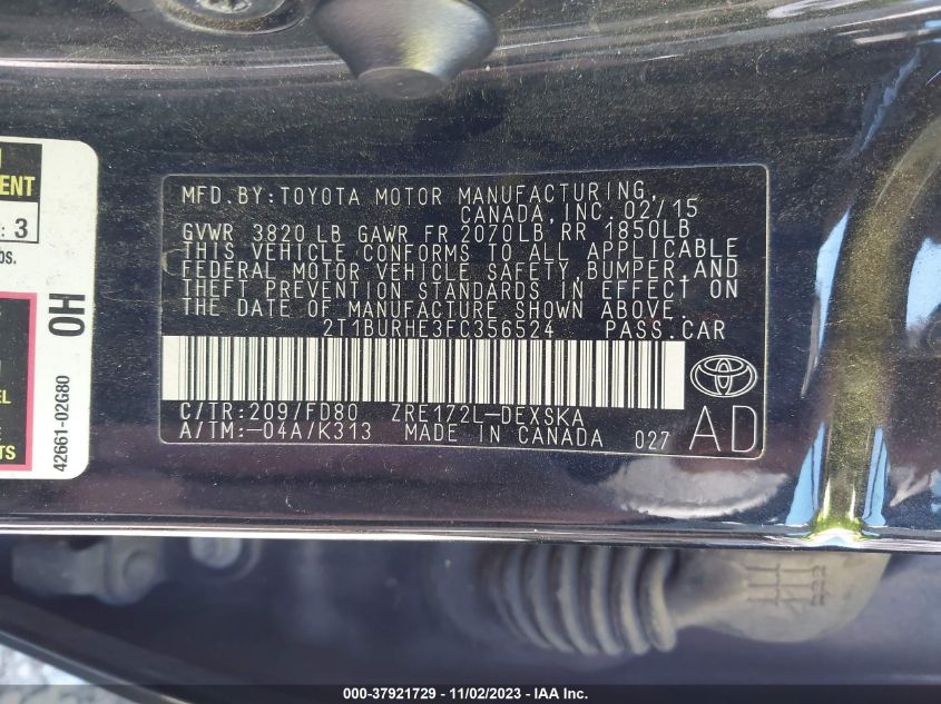 2015 TOYOTA COROLLA L/LE/S/S PLUS/LE PLUS - 2T1BURHE3FC356524