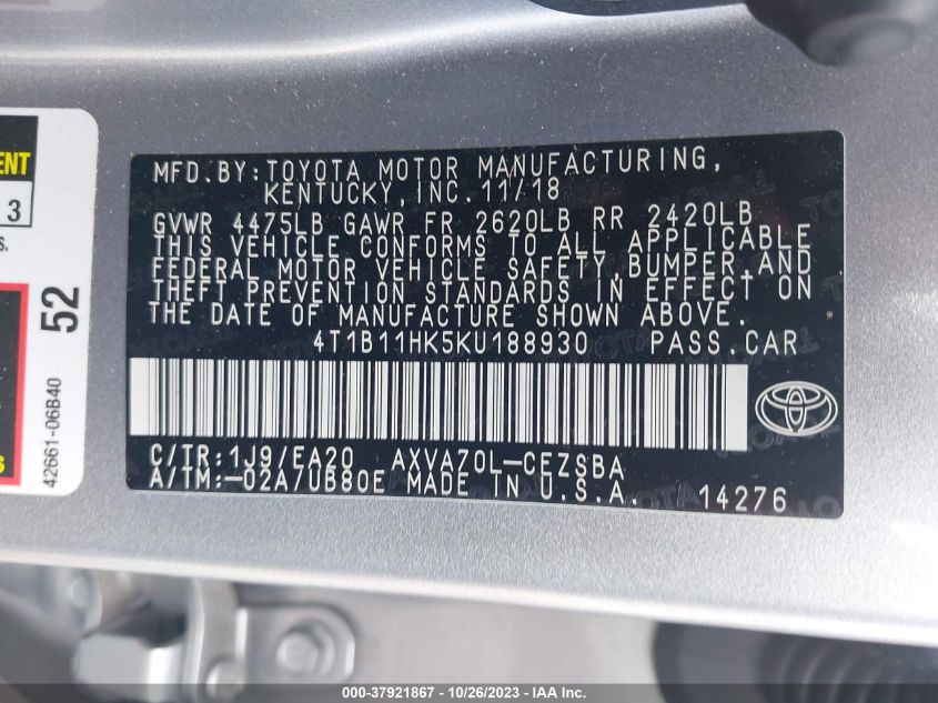 2019 TOYOTA CAMRY LE/SE/XLE/L - 4T1B11HK5KU188930