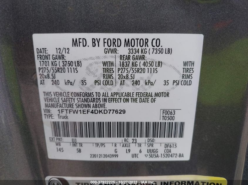 2013 FORD F-150 XL/XLT/FX4/LARIAT - 1FTFW1EF4DKD77629
