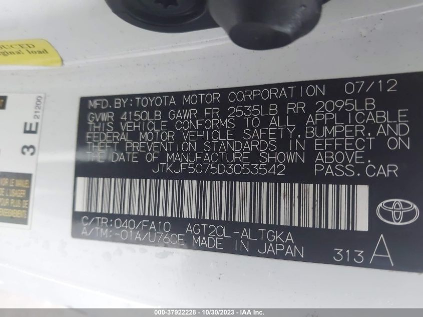 2013 TOYOTA SCION TC JTKJF5C75D3053542