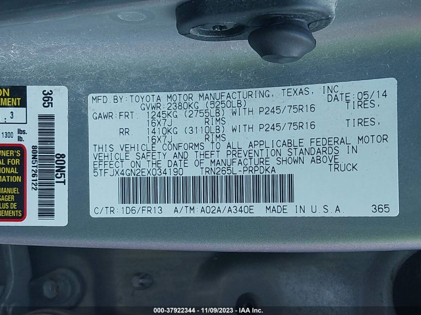 2014 TOYOTA TACOMA PRERUNNER - 5TFJX4GN2EX034190