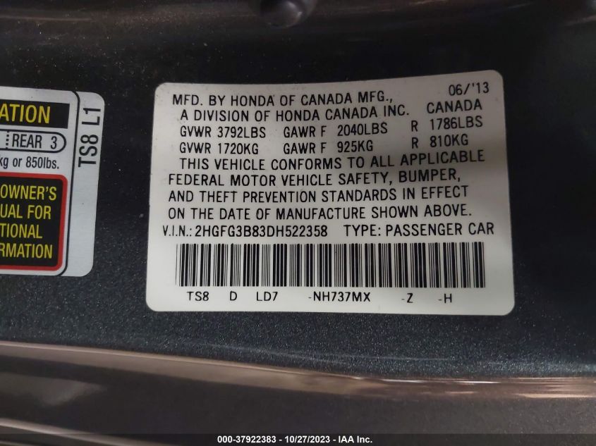 2013 HONDA CIVIC CPE EX 2HGFG3B83DH522358