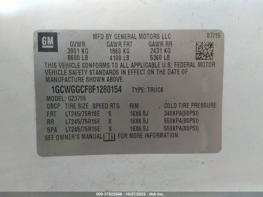 2015 CHEVROLET EXPRESS CARGO VAN 1GCWGGCF8F1280154