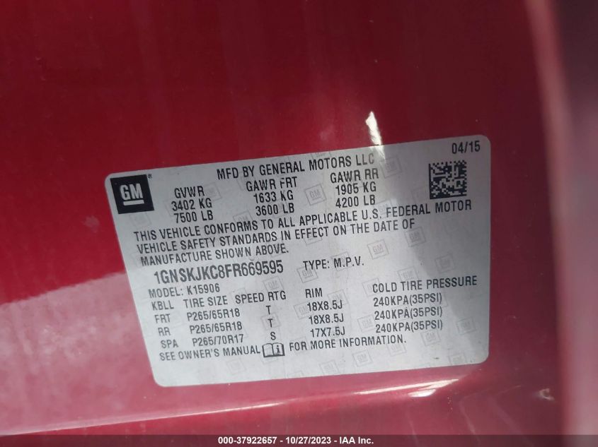 2015 CHEVROLET SUBURBAN 1500 LT 1GNSKJKC8FR669595