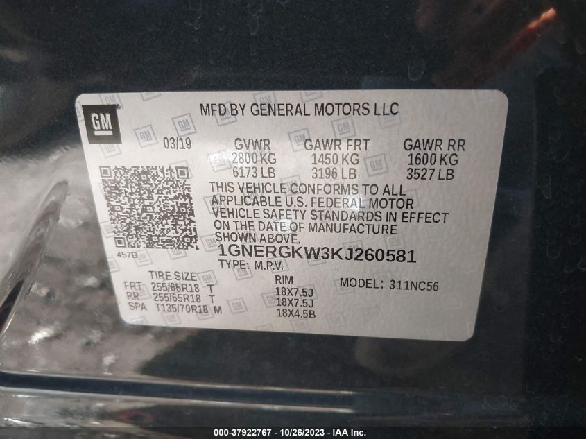 2019 CHEVROLET TRAVERSE LT CLOTH - 1GNERGKW3KJ260581