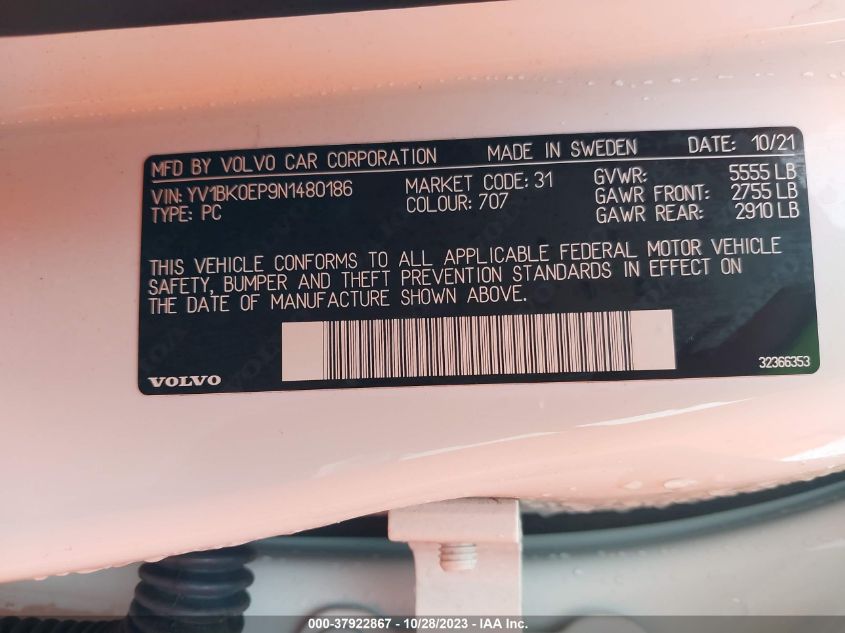 2022 VOLVO V60 RECHARGE PLUG-IN HYBRID T8 POLESTAR ENGINEERED YV1BK0EP9N1480186