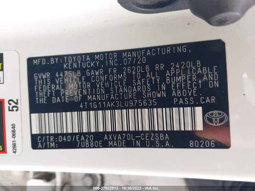 2020 TOYOTA CAMRY SE - 4T1G11AK3LU975635