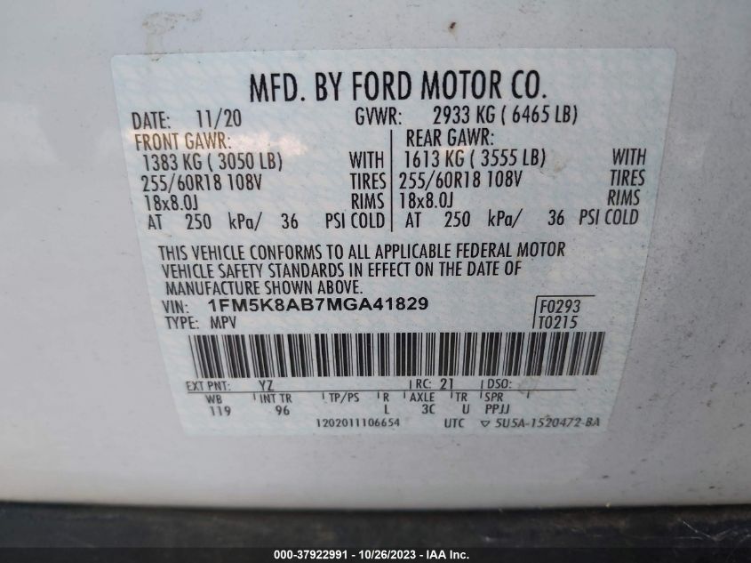 2021 FORD POLICE INTERCEPTOR UTILITY 1FM5K8AB7MGA41829