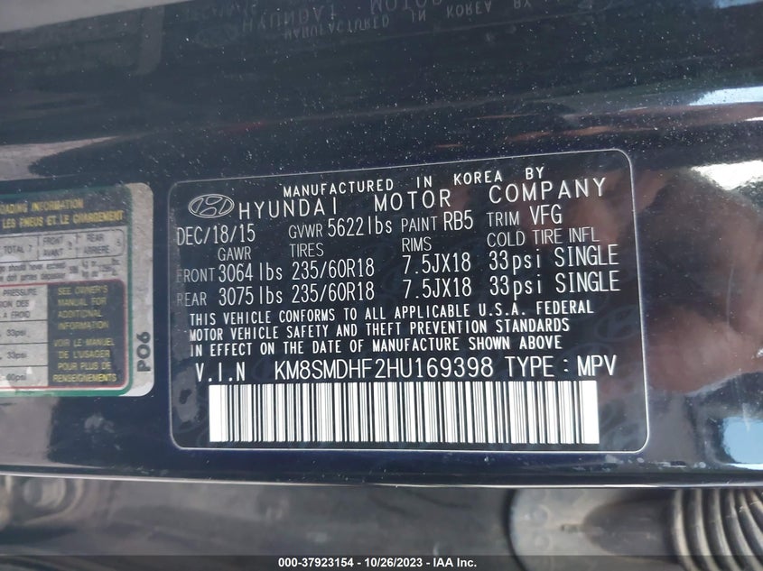 VIN KM8SMDHF2HU169398 2017 HYUNDAI SANTA FE SE