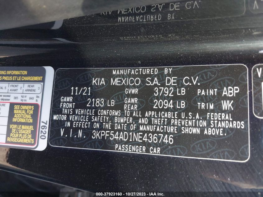 2022 KIA FORTE GT-LINE - 3KPF54AD1NE436746