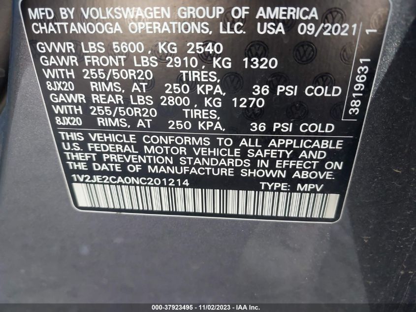 2022 VOLKSWAGEN ATLAS CROSS SPORT 3.6L V6 SE W/TECHNOLOGY - 1V2JE2CA0NC201214