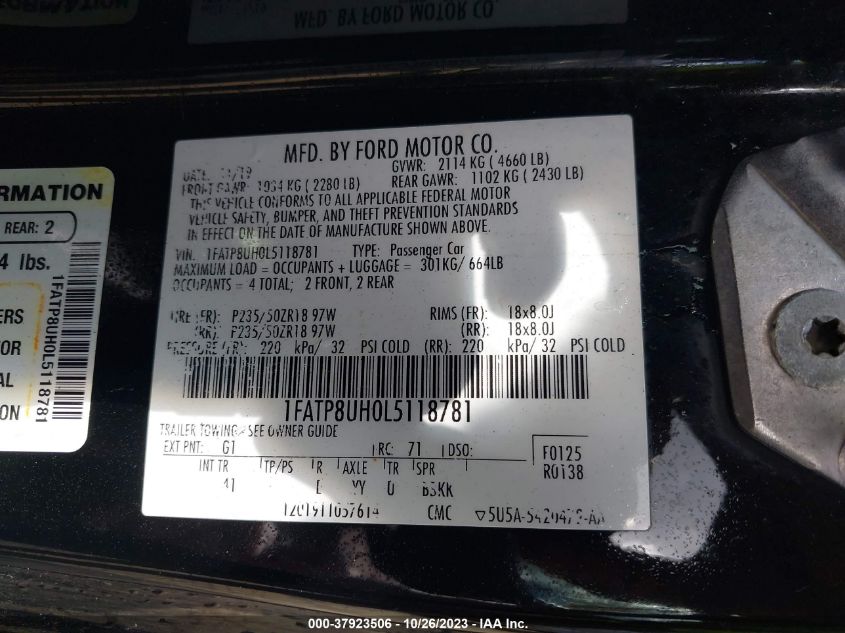 2020 FORD MUSTANG ECOBOOST - 1FATP8UH0L5118781