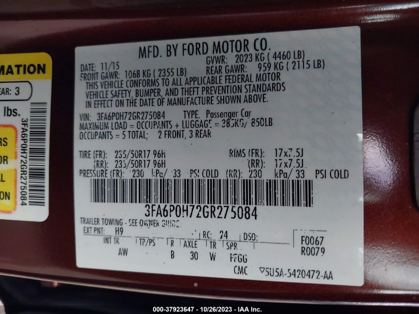 2016 FORD FUSION SE - 3FA6P0H72GR275084