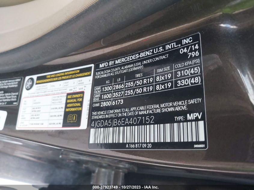2014 MERCEDES-BENZ M-CLASS ML 350 4JGDA5JB6EA407152