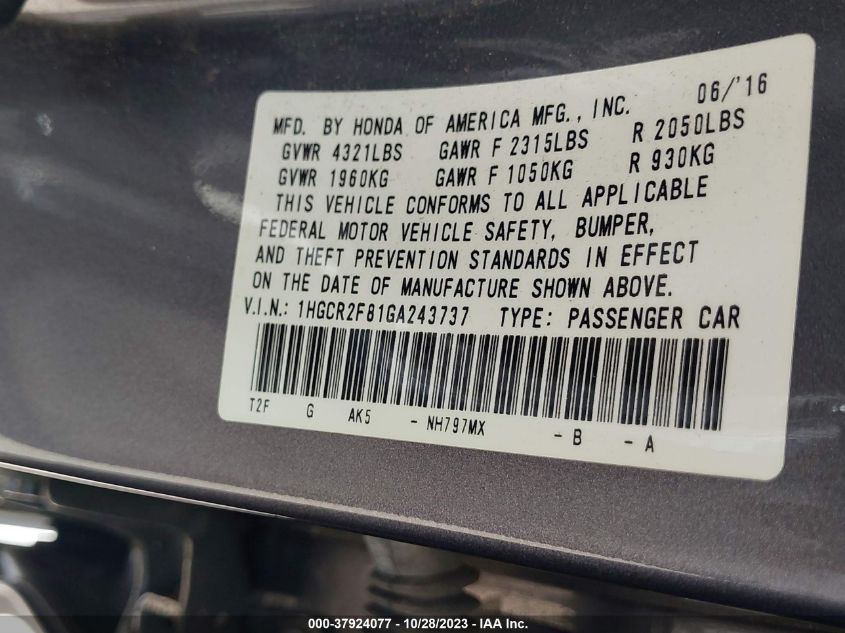 2016 HONDA ACCORD EX-L - 1HGCR2F81GA243737