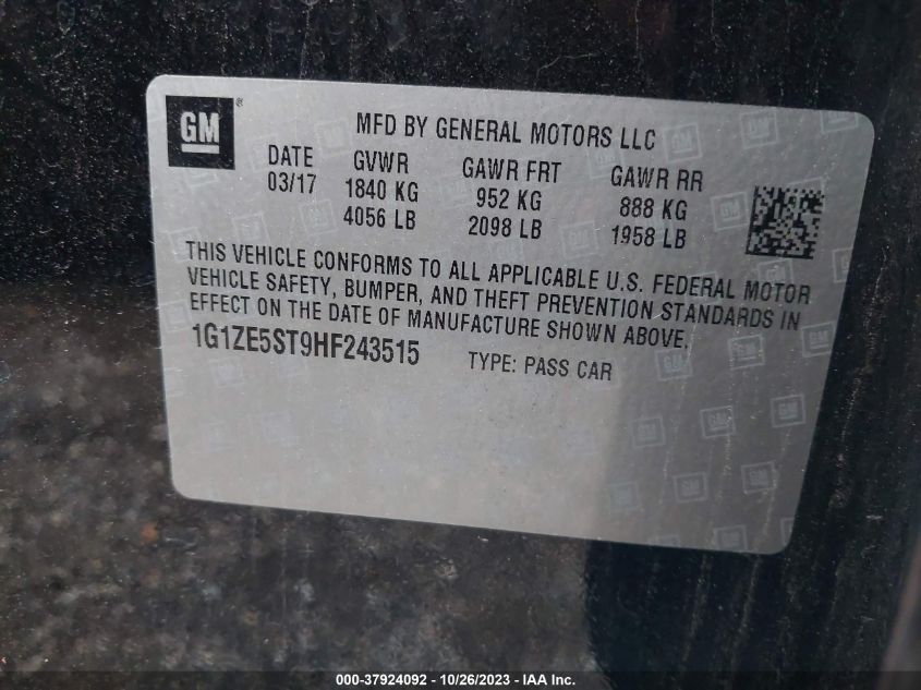 2017 CHEVROLET MALIBU LT - 1G1ZE5ST9HF243515
