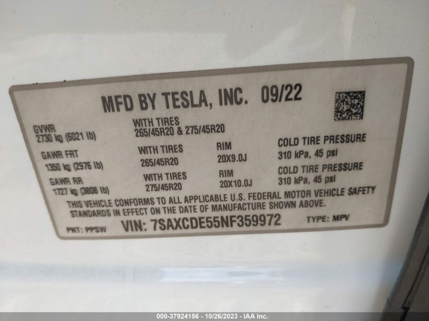 VIN 7SAXCDE55NF359972 2022 TESLA MODEL X