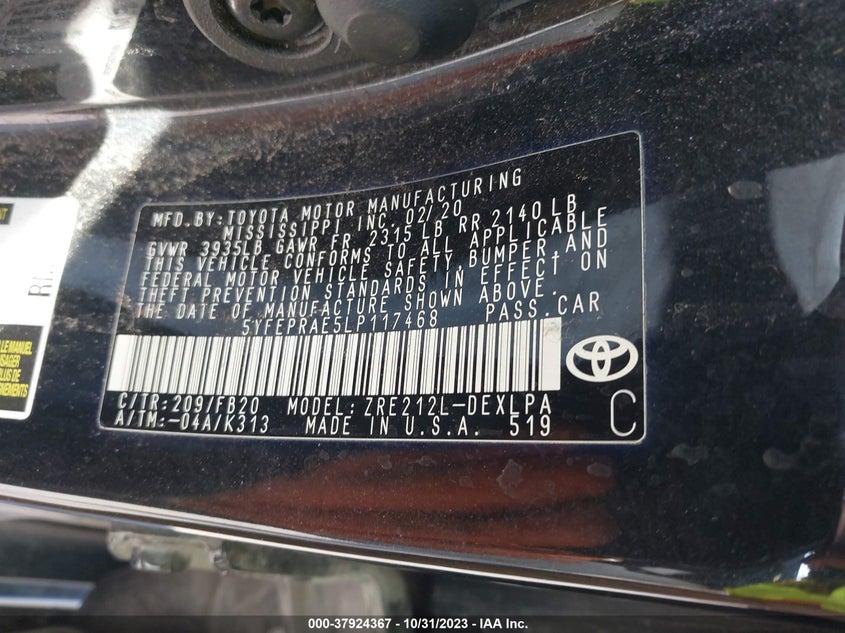 VIN 5YFEPRAE5LP117468 2020 TOYOTA COROLLA LE